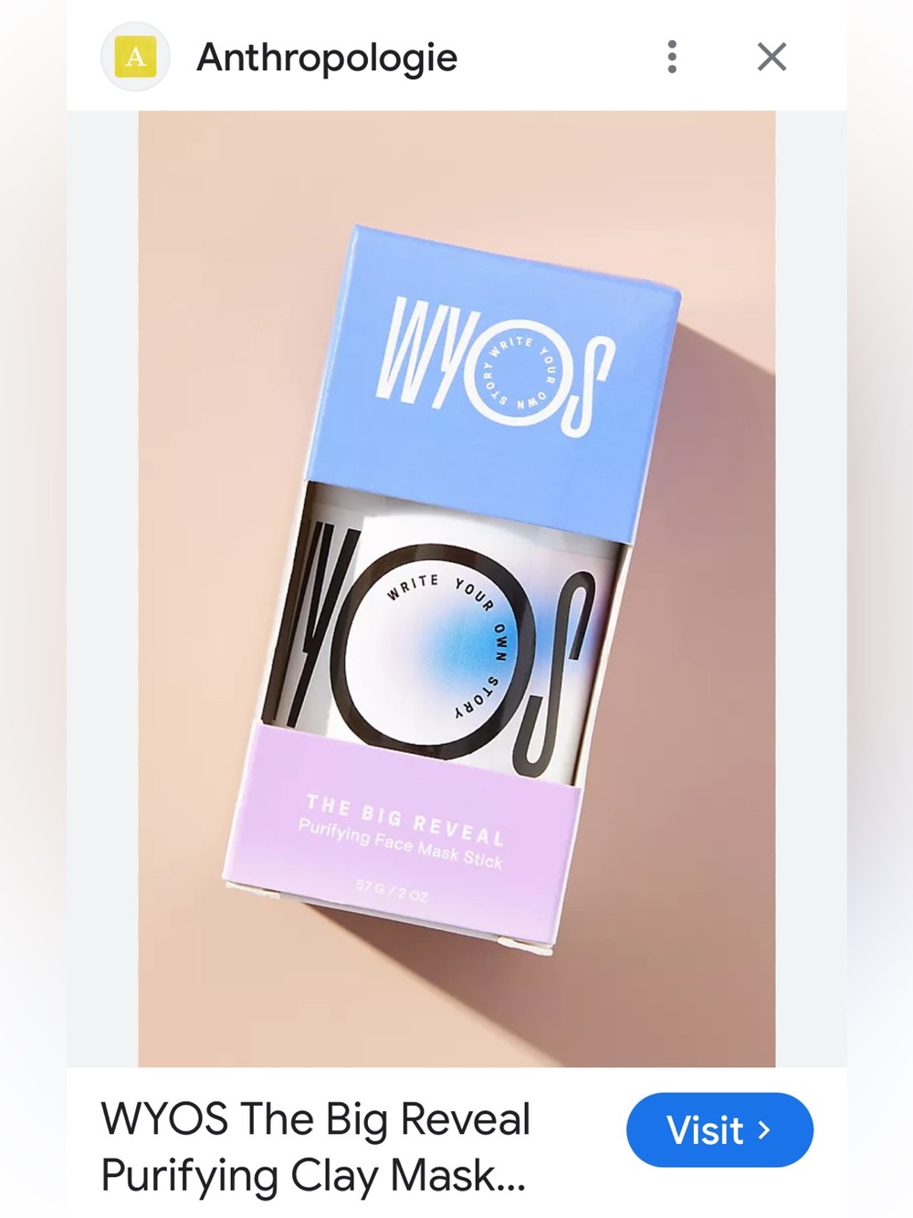 Anthropologie X WYOS Clarifying Clay Mask Stick NEW Clean Vegan Travel Ready